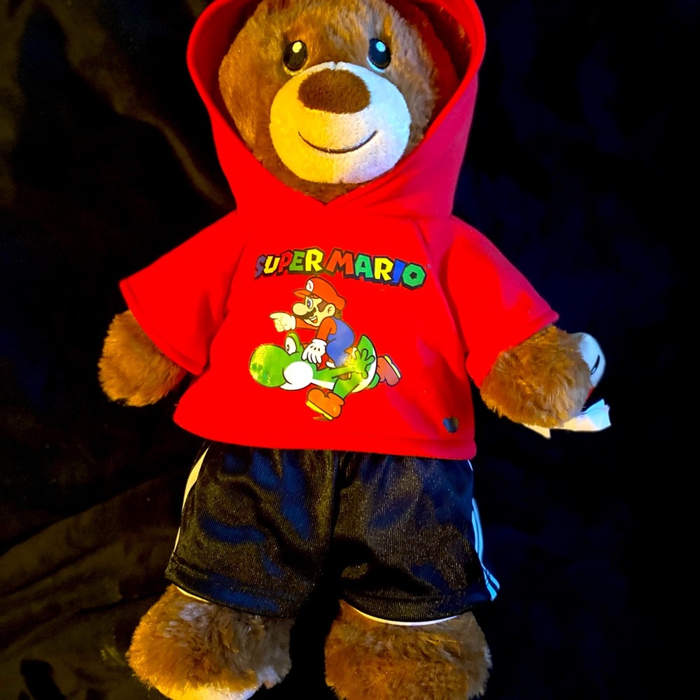BAB Teddy Bear with Super Mario hooded shirt and black shorts